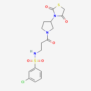 molecular formula C16H18ClN3O5S2 B2985345 3-氯-N-(3-(3-(2,4-二氧噻唑烷-3-基)吡咯烷-1-基)-3-氧代丙基)苯磺酰胺 CAS No. 2034525-39-6