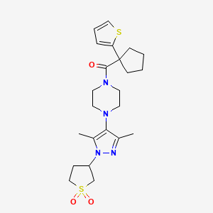 molecular formula C23H32N4O3S2 B2985346 (4-(1-(1,1-dioxidotetrahydrothiophen-3-yl)-3,5-dimethyl-1H-pyrazol-4-yl)piperazin-1-yl)(1-(thiophen-2-yl)cyclopentyl)methanone CAS No. 1334373-60-2
