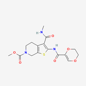 molecular formula C16H19N3O6S B2985359 methyl 2-(5,6-dihydro-1,4-dioxine-2-carboxamido)-3-(methylcarbamoyl)-4,5-dihydrothieno[2,3-c]pyridine-6(7H)-carboxylate CAS No. 886959-13-3
