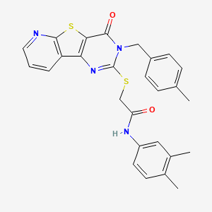 molecular formula C27H24N4O2S2 B2985396 N-(3,4-dimethylphenyl)-2-[[5-[(4-methylphenyl)methyl]-6-oxo-8-thia-3,5,10-triazatricyclo[7.4.0.02,7]trideca-1(9),2(7),3,10,12-pentaen-4-yl]sulfanyl]acetamide CAS No. 1223822-34-1