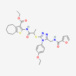 molecular formula C31H35N5O6S2 B2985504 ethyl 2-(2-((4-(4-ethoxyphenyl)-5-((furan-2-carboxamido)methyl)-4H-1,2,4-triazol-3-yl)thio)propanamido)-5,6,7,8-tetrahydro-4H-cyclohepta[b]thiophene-3-carboxylate CAS No. 393817-22-6