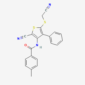 molecular formula C21H15N3OS2 B2985712 N-{2-cyano-5-[(cyanomethyl)sulfanyl]-4-phenyl-3-thienyl}-4-methylbenzenecarboxamide CAS No. 860609-94-5