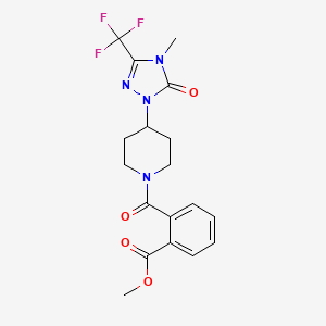 molecular formula C18H19F3N4O4 B2986239 methyl 2-(4-(4-methyl-5-oxo-3-(trifluoromethyl)-4,5-dihydro-1H-1,2,4-triazol-1-yl)piperidine-1-carbonyl)benzoate CAS No. 2034280-56-1