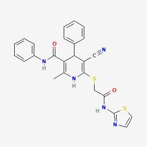 molecular formula C25H21N5O2S2 B2986250 5-cyano-2-methyl-6-((2-oxo-2-(thiazol-2-ylamino)ethyl)thio)-N,4-diphenyl-1,4-dihydropyridine-3-carboxamide CAS No. 375842-24-3