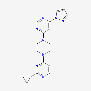 molecular formula C18H20N8 B2986414 2-Cyclopropyl-4-[4-(6-pyrazol-1-ylpyrimidin-4-yl)piperazin-1-yl]pyrimidine CAS No. 2415563-90-3