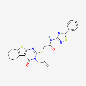 molecular formula C23H21N5O2S3 B2986416 2-[(4-oxo-3-prop-2-enyl-5,6,7,8-tetrahydro-[1]benzothiolo[2,3-d]pyrimidin-2-yl)sulfanyl]-N-(5-phenyl-1,2,4-thiadiazol-3-yl)acetamide CAS No. 670273-35-5