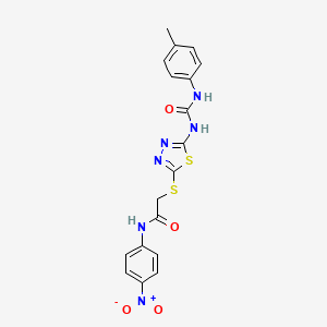 molecular formula C18H16N6O4S2 B2986441 N-(4-nitrophenyl)-2-((5-(3-(p-tolyl)ureido)-1,3,4-thiadiazol-2-yl)thio)acetamide CAS No. 898461-60-4