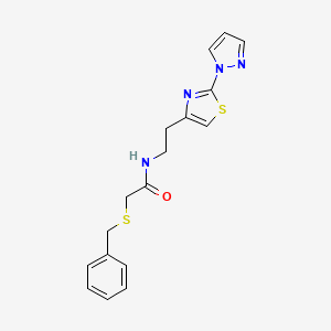 molecular formula C17H18N4OS2 B2986496 N-(2-(2-(1H-pyrazol-1-yl)thiazol-4-yl)ethyl)-2-(benzylthio)acetamide CAS No. 1448136-71-7