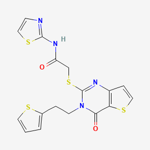 molecular formula C17H14N4O2S4 B2986507 2-((4-oxo-3-(2-(thiophen-2-yl)ethyl)-3,4-dihydrothieno[3,2-d]pyrimidin-2-yl)thio)-N-(thiazol-2-yl)acetamide CAS No. 1428348-69-9