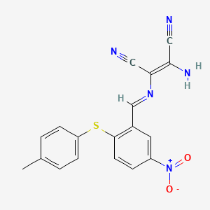 molecular formula C18H13N5O2S B2986550 (Z)-2-amino-3-[[2-(4-methylphenyl)sulfanyl-5-nitrophenyl]methylideneamino]but-2-enedinitrile CAS No. 1024776-21-3