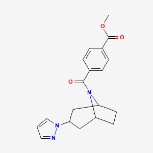 molecular formula C19H21N3O3 B2986802 methyl 4-((1R,5S)-3-(1H-pyrazol-1-yl)-8-azabicyclo[3.2.1]octane-8-carbonyl)benzoate CAS No. 2319639-63-7