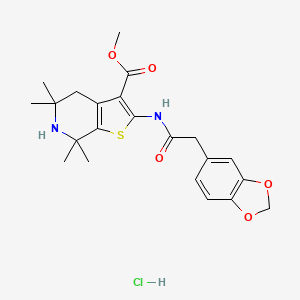 molecular formula C22H27ClN2O5S B2986840 Methyl 2-(2-(benzo[d][1,3]dioxol-5-yl)acetamido)-5,5,7,7-tetramethyl-4,5,6,7-tetrahydrothieno[2,3-c]pyridine-3-carboxylate hydrochloride CAS No. 1329874-71-6