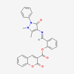 molecular formula C28H21N3O5 B2987113 (E)-2-(((1,5-dimethyl-3-oxo-2-phenyl-2,3-dihydro-1H-pyrazol-4-yl)imino)methyl)phenyl 2-oxo-2H-chromene-3-carboxylate CAS No. 325699-52-3