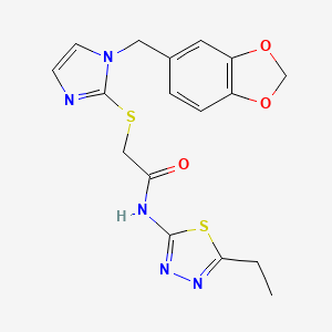 molecular formula C17H17N5O3S2 B2987240 2-({1-[(2H-1,3-benzodioxol-5-yl)methyl]-1H-imidazol-2-yl}sulfanyl)-N-(5-ethyl-1,3,4-thiadiazol-2-yl)acetamide CAS No. 872590-25-5