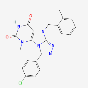 molecular formula C21H17ClN6O2 B2987244 3-(4-chlorophenyl)-5-methyl-9-[(2-methylphenyl)methyl]-5H,6H,7H,8H,9H-[1,2,4]triazolo[3,4-h]purine-6,8-dione CAS No. 921804-73-1