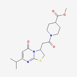 molecular formula C18H25N3O4S B2987359 methyl 1-(2-(7-isopropyl-5-oxo-3,5-dihydro-2H-thiazolo[3,2-a]pyrimidin-3-yl)acetyl)piperidine-4-carboxylate CAS No. 952996-51-9