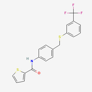 molecular formula C19H14F3NOS2 B2987399 N-[4-({[3-(trifluoromethyl)phenyl]sulfanyl}methyl)phenyl]-2-thiophenecarboxamide CAS No. 338398-68-8