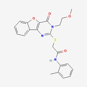 molecular formula C22H21N3O4S B2987479 2-{[5-(2-methoxyethyl)-6-oxo-8-oxa-3,5-diazatricyclo[7.4.0.0^{2,7}]trideca-1(9),2(7),3,10,12-pentaen-4-yl]sulfanyl}-N-(2-methylphenyl)acetamide CAS No. 866894-62-4