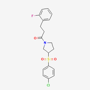 molecular formula C19H19ClFNO3S B2987538 1-(3-((4-氯苯基)磺酰基)吡咯烷-1-基)-3-(2-氟苯基)丙-1-酮 CAS No. 1448069-57-5