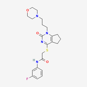 molecular formula C22H27FN4O3S B2987589 N-(3-fluorophenyl)-2-((1-(3-morpholinopropyl)-2-oxo-2,5,6,7-tetrahydro-1H-cyclopenta[d]pyrimidin-4-yl)thio)acetamide CAS No. 898445-06-2