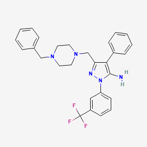 molecular formula C28H28F3N5 B2987600 5-[(4-Benzylpiperazin-1-yl)methyl]-4-phenyl-2-[3-(trifluoromethyl)phenyl]pyrazol-3-amine CAS No. 956910-31-9