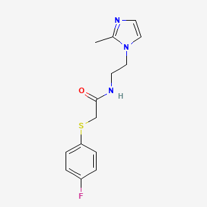 molecular formula C14H16FN3OS B2987606 2-((4-氟苯基)硫代)-N-(2-(2-甲基-1H-咪唑-1-基)乙基)乙酰胺 CAS No. 1286710-37-9