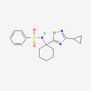 molecular formula C17H21N3O3S B2987753 N-[1-(3-cyclopropyl-1,2,4-oxadiazol-5-yl)cyclohexyl]benzenesulfonamide CAS No. 1396861-96-3