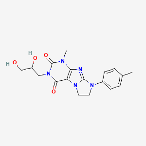 molecular formula C18H21N5O4 B2987853 3-(2,3-dihydroxypropyl)-1-methyl-8-(p-tolyl)-7,8-dihydro-1H-imidazo[2,1-f]purine-2,4(3H,6H)-dione CAS No. 2185684-78-8
