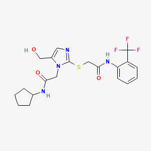 molecular formula C20H23F3N4O3S B2987855 2-{[1-[2-(cyclopentylamino)-2-oxoethyl]-5-(hydroxymethyl)-1H-imidazol-2-yl]thio}-N-[2-(trifluoromethyl)phenyl]acetamide CAS No. 923687-01-8