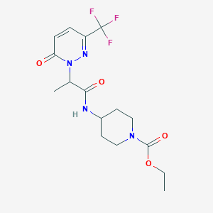 molecular formula C16H21F3N4O4 B2987913 Ethyl 4-[2-[6-oxo-3-(trifluoromethyl)pyridazin-1-yl]propanoylamino]piperidine-1-carboxylate CAS No. 2380181-40-6