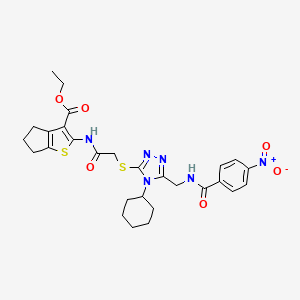 molecular formula C28H32N6O6S2 B2988004 ETHYL 2-{2-[(4-CYCLOHEXYL-5-{[(4-NITROPHENYL)FORMAMIDO]METHYL}-4H-1,2,4-TRIAZOL-3-YL)SULFANYL]ACETAMIDO}-4H,5H,6H-CYCLOPENTA[B]THIOPHENE-3-CARBOXYLATE CAS No. 393849-11-1
