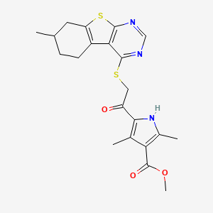 molecular formula C21H23N3O3S2 B2988015 methyl 2,4-dimethyl-5-[2-({11-methyl-8-thia-4,6-diazatricyclo[7.4.0.0^{2,7}]trideca-1(9),2(7),3,5-tetraen-3-yl}sulfanyl)acetyl]-1H-pyrrole-3-carboxylate CAS No. 496027-96-4
