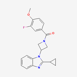 molecular formula C21H20FN3O2 B2988026 [3-(2-Cyclopropylbenzimidazol-1-yl)azetidin-1-yl]-(3-fluoro-4-methoxyphenyl)methanone CAS No. 2379985-32-5