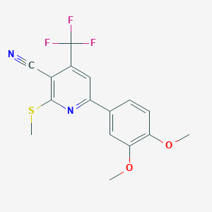 molecular formula C16H13F3N2O2S B2988114 6-(3,4-Dimethoxyphenyl)-2-(methylthio)-4-(trifluoromethyl)nicotinonitrile CAS No. 893752-88-0