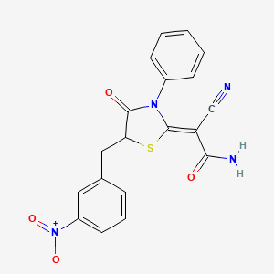 molecular formula C19H14N4O4S B2988117 2-CYANO-2-[(2Z)-5-[(3-NITROPHENYL)METHYL]-4-OXO-3-PHENYL-1,3-THIAZOLIDIN-2-YLIDENE]ACETAMIDE CAS No. 797798-48-2