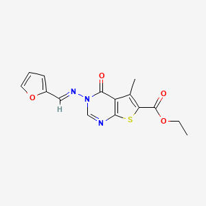 molecular formula C15H13N3O4S B2988397 ethyl 3-[(E)-furan-2-ylmethylideneamino]-5-methyl-4-oxothieno[2,3-d]pyrimidine-6-carboxylate CAS No. 302936-36-3