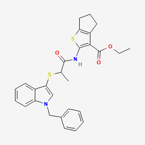 molecular formula C28H28N2O3S2 B2988489 ethyl 2-{2-[(1-benzyl-1H-indol-3-yl)sulfanyl]propanamido}-4H,5H,6H-cyclopenta[b]thiophene-3-carboxylate CAS No. 681273-94-9