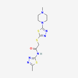 molecular formula C12H17N7OS3 B2988503 N-(5-methyl-1,3,4-thiadiazol-2-yl)-2-((5-(4-methylpiperazin-1-yl)-1,3,4-thiadiazol-2-yl)thio)acetamide CAS No. 1105251-47-5