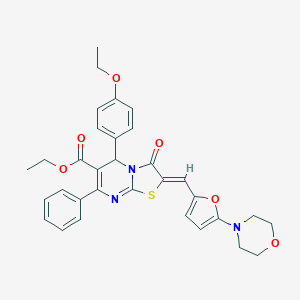 molecular formula C32H31N3O6S B298860 ETHYL (2Z)-5-(4-ETHOXYPHENYL)-2-{[5-(MORPHOLIN-4-YL)FURAN-2-YL]METHYLIDENE}-3-OXO-7-PHENYL-2H,3H,5H-[1,3]THIAZOLO[3,2-A]PYRIMIDINE-6-CARBOXYLATE 