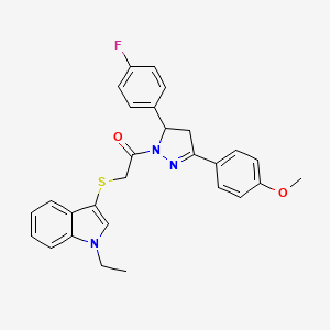 molecular formula C28H26FN3O2S B2988784 2-[(1-ethyl-1H-indol-3-yl)sulfanyl]-1-[5-(4-fluorophenyl)-3-(4-methoxyphenyl)-4,5-dihydro-1H-pyrazol-1-yl]ethan-1-one CAS No. 681216-97-7