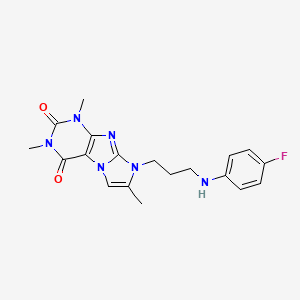 molecular formula C19H21FN6O2 B2989345 8-(3-((4-fluorophenyl)amino)propyl)-1,3,7-trimethyl-1H-imidazo[2,1-f]purine-2,4(3H,8H)-dione CAS No. 923179-67-3