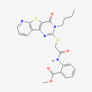 molecular formula C23H22N4O4S2 B2989382 methyl 2-[[2-[(5-butyl-6-oxo-8-thia-3,5,10-triazatricyclo[7.4.0.02,7]trideca-1(9),2(7),3,10,12-pentaen-4-yl)sulfanyl]acetyl]amino]benzoate CAS No. 1242997-78-9