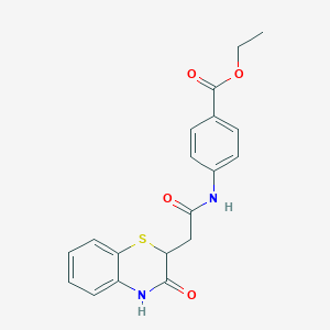 molecular formula C19H18N2O4S B2989416 ethyl 4-[[2-(3-oxo-4H-1,4-benzothiazin-2-yl)acetyl]amino]benzoate 
