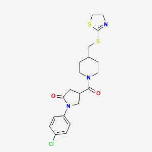 molecular formula C20H24ClN3O2S2 B2989608 1-(4-Chlorophenyl)-4-(4-(((4,5-dihydrothiazol-2-yl)thio)methyl)piperidine-1-carbonyl)pyrrolidin-2-one CAS No. 1396859-56-5