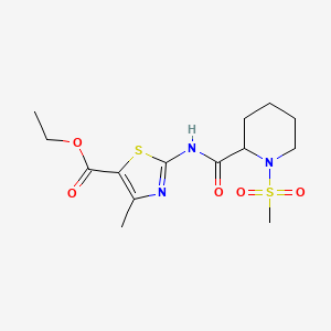 molecular formula C14H21N3O5S2 B2989750 Ethyl 4-methyl-2-(1-(methylsulfonyl)piperidine-2-carboxamido)thiazole-5-carboxylate CAS No. 1214838-74-0