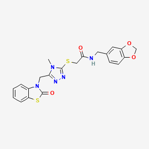 molecular formula C21H19N5O4S2 B2990200 N-(benzo[d][1,3]dioxol-5-ylmethyl)-2-((4-methyl-5-((2-oxobenzo[d]thiazol-3(2H)-yl)methyl)-4H-1,2,4-triazol-3-yl)thio)acetamide CAS No. 847400-62-8