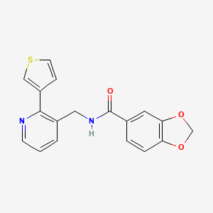molecular formula C18H14N2O3S B2990221 N-((2-(thiophen-3-yl)pyridin-3-yl)methyl)benzo[d][1,3]dioxole-5-carboxamide CAS No. 2034563-98-7