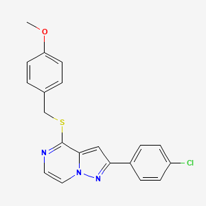 molecular formula C20H16ClN3OS B2990233 2-(4-Chlorophenyl)-4-((4-methoxybenzyl)thio)pyrazolo[1,5-a]pyrazine CAS No. 1242961-36-9