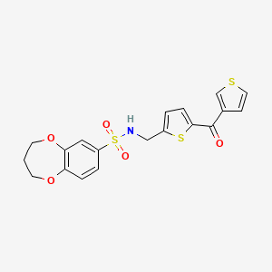 molecular formula C19H17NO5S3 B2990294 N-((5-(thiophene-3-carbonyl)thiophen-2-yl)methyl)-3,4-dihydro-2H-benzo[b][1,4]dioxepine-7-sulfonamide CAS No. 1797191-05-9