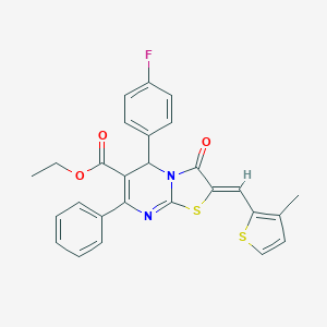 molecular formula C27H21FN2O3S2 B299046 ethyl 5-(4-fluorophenyl)-2-[(3-methyl-2-thienyl)methylene]-3-oxo-7-phenyl-2,3-dihydro-5H-[1,3]thiazolo[3,2-a]pyrimidine-6-carboxylate 